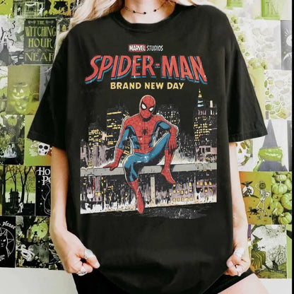 Spider-Man Brand 2026 New Movie New Day Tom Holland Retro Print T Shirt Men Women Y2K Harajuku Loose Casual Tee Street Fashion
