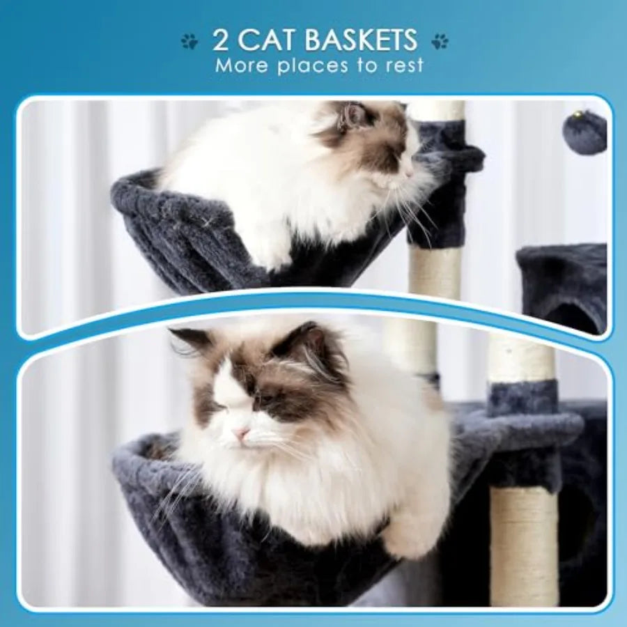 Cat Tree 74 inches Multi-Level XL Large Cat Tower for Indoor Cats with Three Cat Condos Two Large Top Decks and Cat Hairbrush f