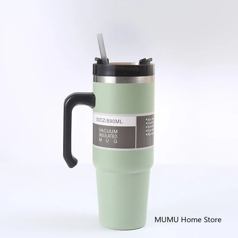 Stainless Steel Car Thermos Bottle Travel Sports Water Bottle Large Capacity with Handle Straw Mug Outdoor Coffee Cup 20oz/30oz