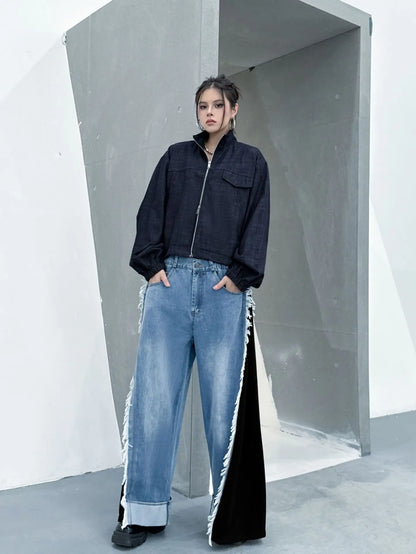 NYFS Europe United States Patchwork Loose plus Size Women's Jeans Elastic Waist Trousers Autumn Fashion Denim Wide-leg pants