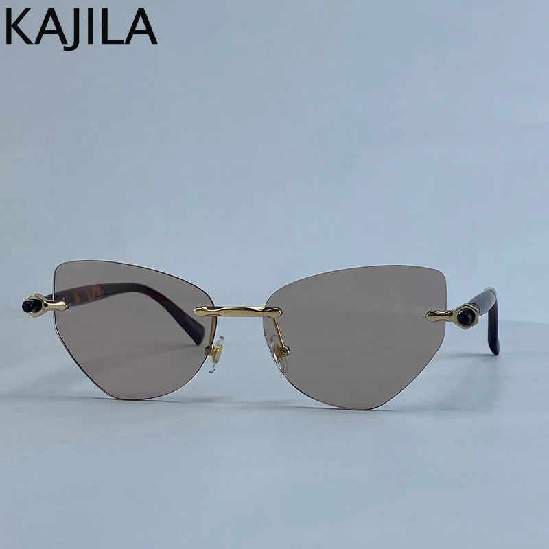 Sexy Cat Eye Punk Rimless Sunglasses Women Luxury Brand Retro Steampunk Polygon Sun Glasses For Ladies Fashion Shades UV400