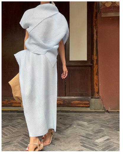 Miyake Pleated Women Set 2026 Summer New Solid Color Irregular Design T-shirt Loose Large Half Skirt Female Two Piece Set