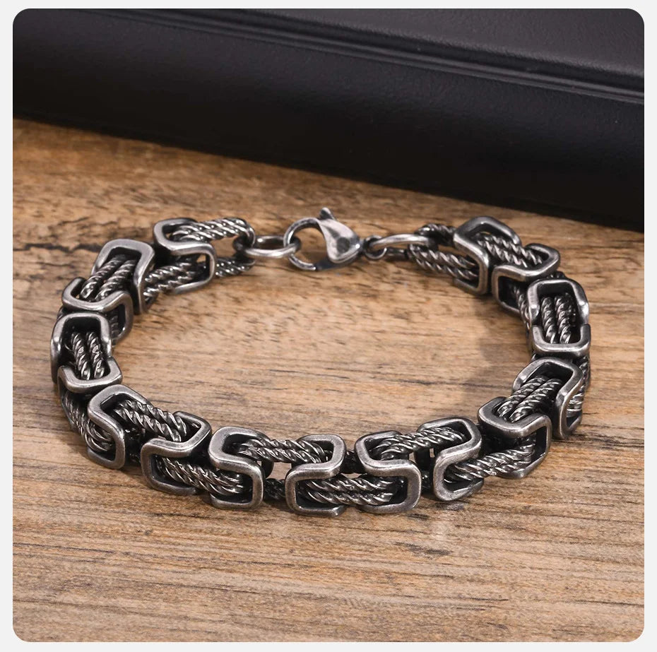 ‌Vnox Stainless Steel Byzantine Bracelet for Men, 8mm Wide Vintage Style Bold Square Links Chain Wristband, Father's Day Gift