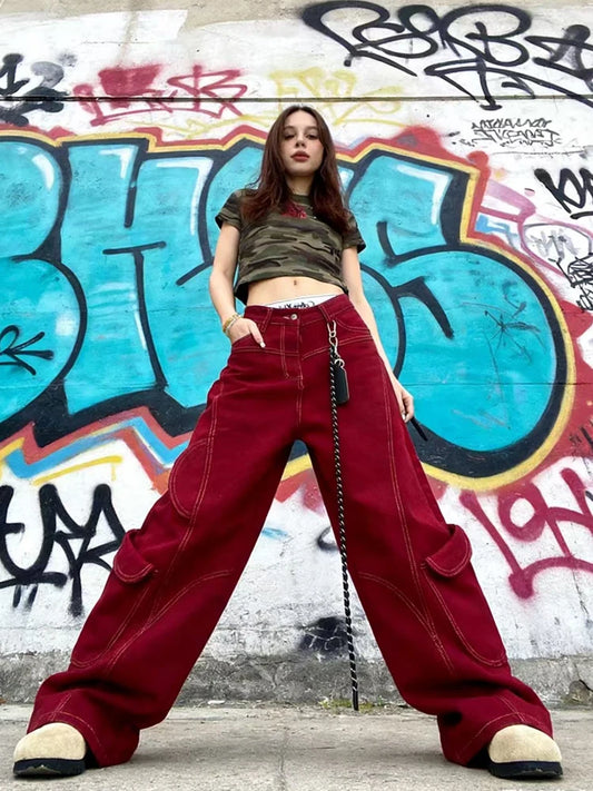 Street Vintage Jeans New Y2K Harajuku Wash Red Streetwear Baggy Jeans Denim Pants Mens Womens High Waist Wide Trousers 2026