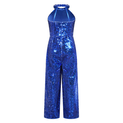 Kids Girls Jazz Dance Performance Jumpsuit Shiny Sequin Sleeveless Halter Romper Birthday Wedding Party Dancing Prom Bodysuit