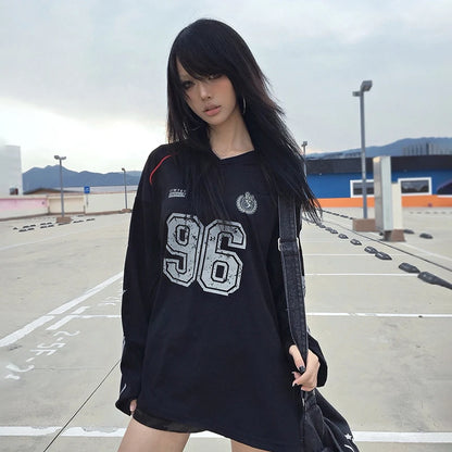 Karrcat Grunge Aesthetics Long Sleeve Jersey Tops Trashy 2000s Style Number Print T-shirt Japanese Y2k Streetwear American Retro