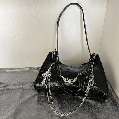 Gothic Dark Punk Underarm Bag With Skull Shoulder Bag Y2k Chain Crocodile Pattern Crossbody Bag  Popular Aesthetic Bags