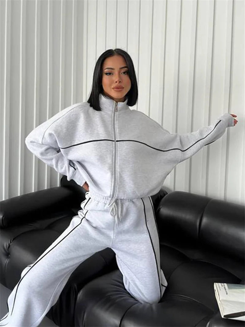 Sweatshirt Two-piece Suit Women's Oversize Striped Casual Sports Sets Zipper-up Short Jacket Straight Trousers 2-piece Sets