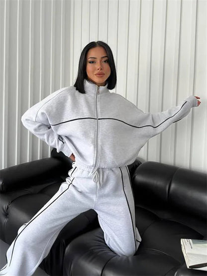 Sweatshirt Two-piece Suit Women's Oversize Striped Casual Sports Sets Zipper-up Short Jacket Straight Trousers 2-piece Sets