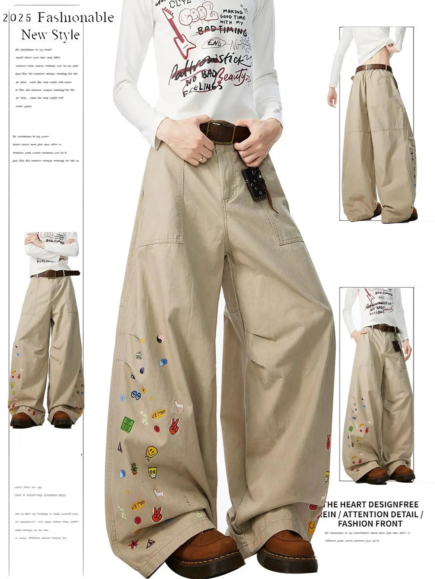 Fashion Y2K Baggy Pants Women's Cartoon Embroidery Loose Wide Leg Jeans Streetwear Aesthetic Casual Trousers