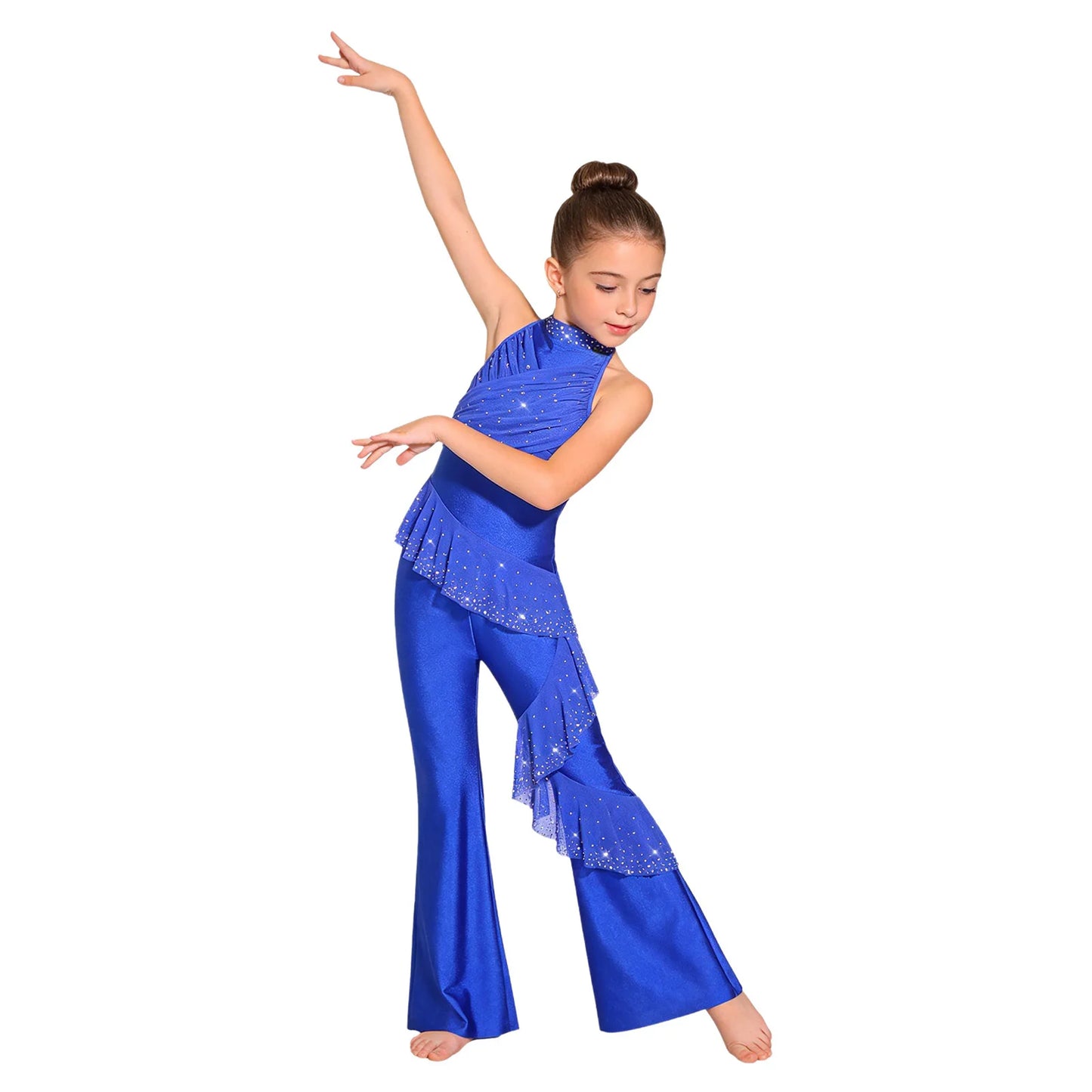 Kids Girls Figure Skating Jumpsuit Ballet Gymnastics Acrobatics Dance Leotard Sleeveless Shiny Rhinestones Ruffles Mesh Bodysuit