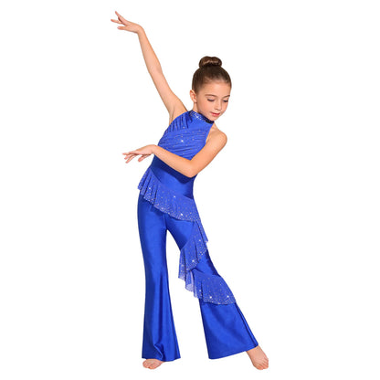 Kids Girls Figure Skating Jumpsuit Ballet Gymnastics Acrobatics Dance Leotard Sleeveless Shiny Rhinestones Ruffles Mesh Bodysuit