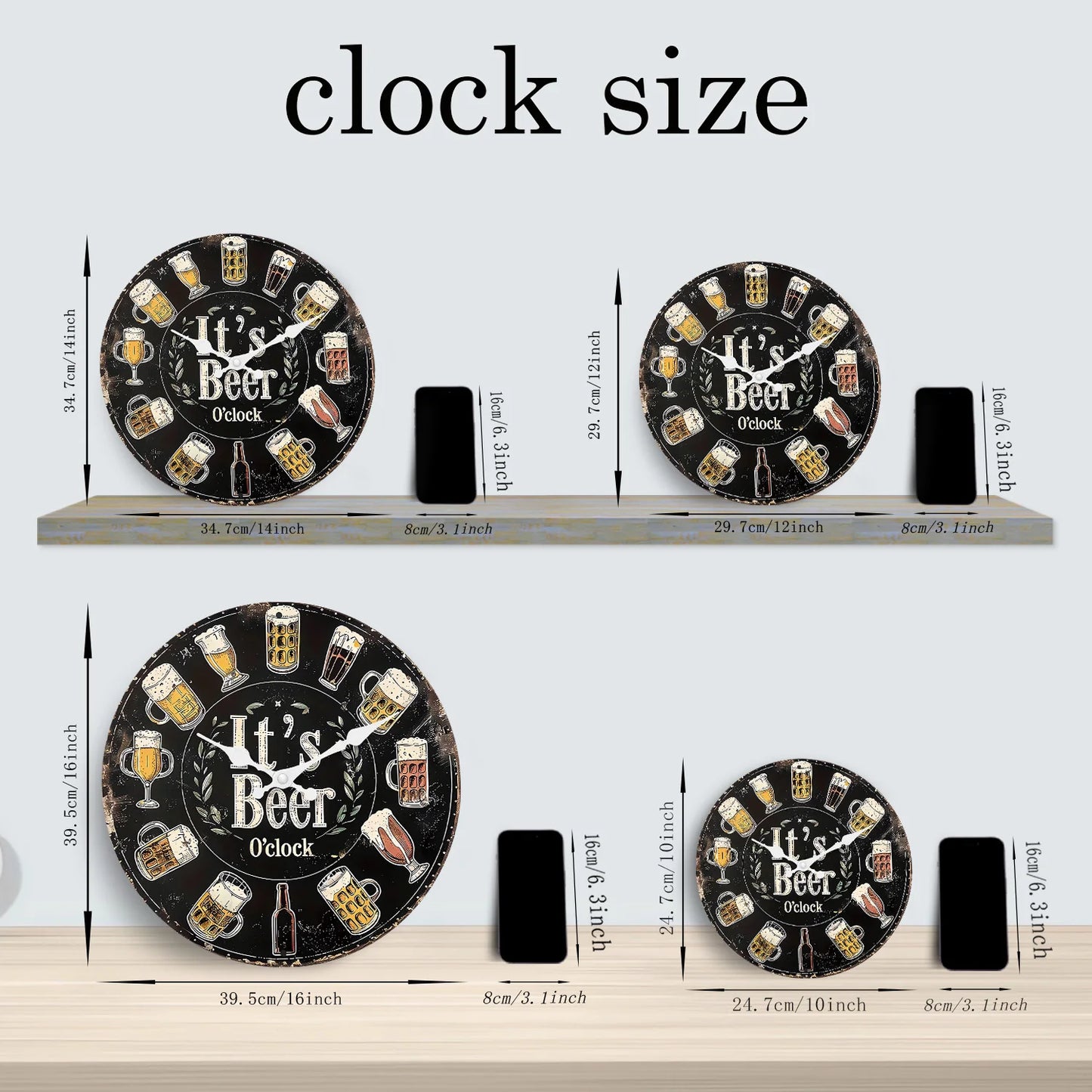 American Retro Beer Mug Pattern Wooden Wall Clock for Living Room, Bedroom, Kitchen, Home Decoration, Silent Quartz Clock, Holiday Gift, 10 Inches, 12 Inches (No Battery)