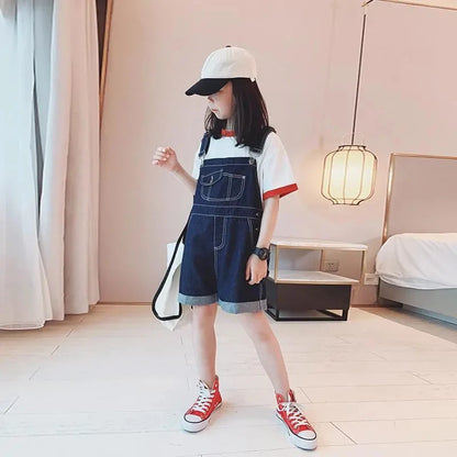 Girls' Fashionable Denim Overalls Medium Big Children's Casual Loose Denim Shorts Korean Style Baby Girl's Denim Overalls Shorts