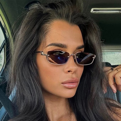 Luxury Brand Designer Half-Rim Rectangular Sunglasses Women Vintage Small Frame Sun Glasses Ladies Geometric Square Eyewear