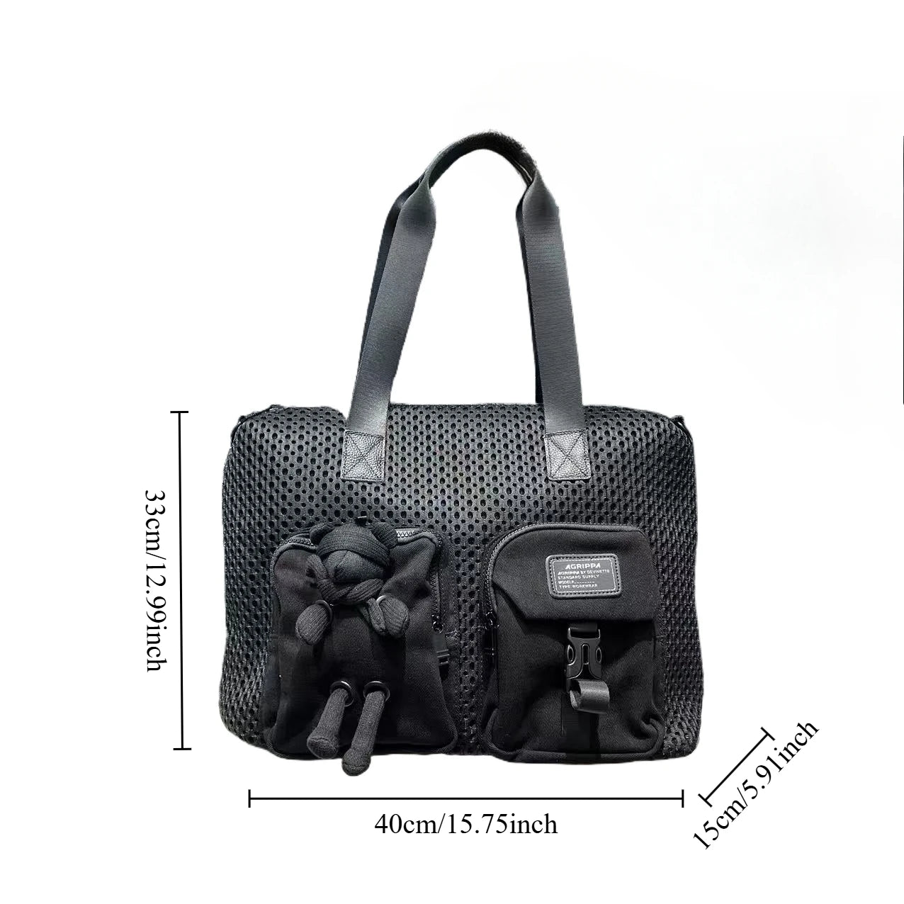 Ladies' fashionable mesh splicing casual handbag with multiple pockets, teddy bear doll, single shoulder diagonal cross bag