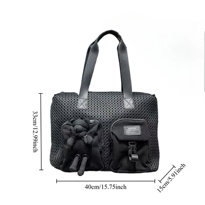 Ladies' fashionable mesh splicing casual handbag with multiple pockets, teddy bear doll, single shoulder diagonal cross bag
