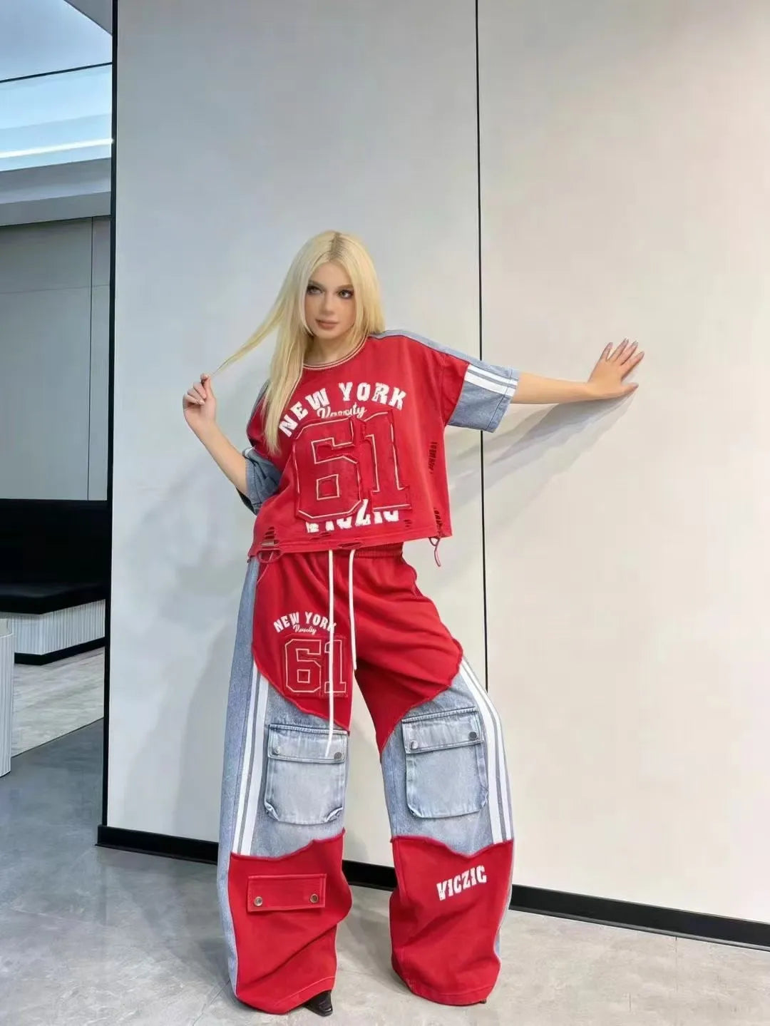 European Casual Suit Women's 2026 Spring and Summer New Letter-printed Trousers Denim Splicing Ripped Short-sleeved Top