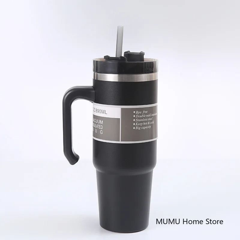 Stainless Steel Car Thermos Bottle Travel Sports Water Bottle Large Capacity with Handle Straw Mug Outdoor Coffee Cup 20oz/30oz
