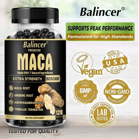 20X Natural Concentrated Extracts Black + Red + Yellow Maca Root, Korean Ginseng, Ashwagandha, Maca Root Capsules 8050 Mg