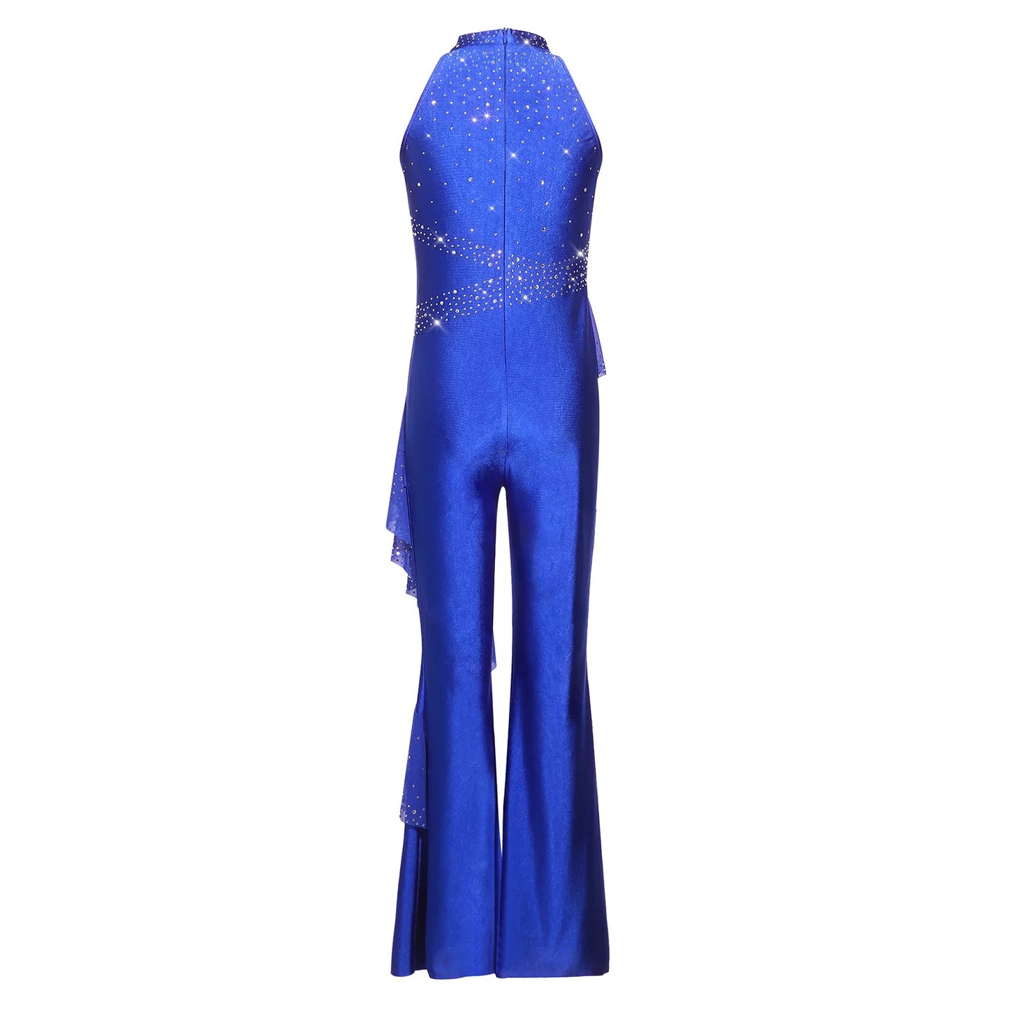 Kids Girls Figure Skating Jumpsuit Ballet Gymnastics Acrobatics Dance Leotard Sleeveless Shiny Rhinestones Ruffles Mesh Bodysuit