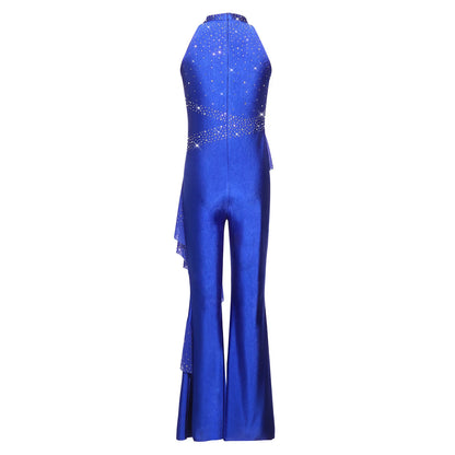 Kids Girls Figure Skating Jumpsuit Ballet Gymnastics Acrobatics Dance Leotard Sleeveless Shiny Rhinestones Ruffles Mesh Bodysuit