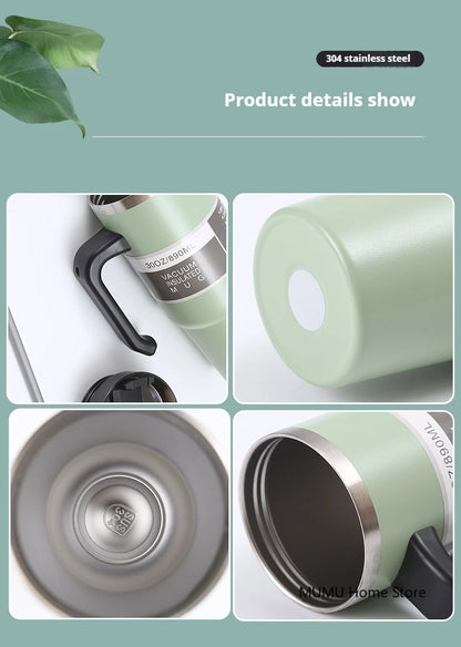 Stainless Steel Car Thermos Bottle Travel Sports Water Bottle Large Capacity with Handle Straw Mug Outdoor Coffee Cup 20oz/30oz