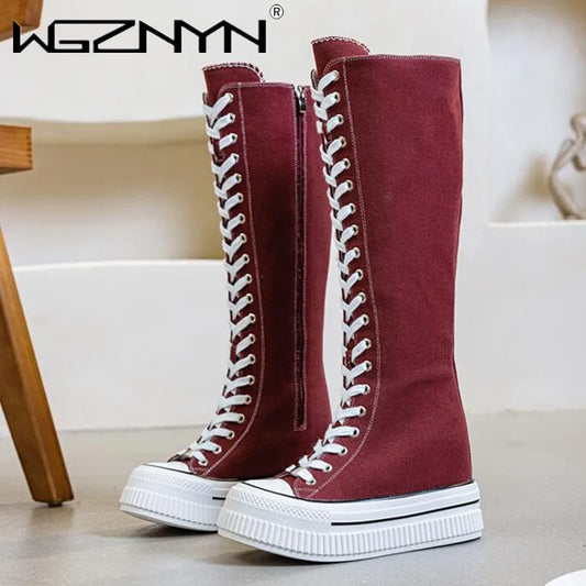 NEW Luxury Platform Boots Women Canvas Casual High Top Shoes Long Boot Lace-Up Zipper Comfortable Flat Sneakers Tenis Feminino