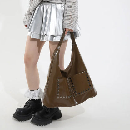 Retro Rivet Ladies Underarm Bag Fashion Girls Trend PU Leather Shoulder Bag Simple Design Style Large Capacity Women's Tote Bag