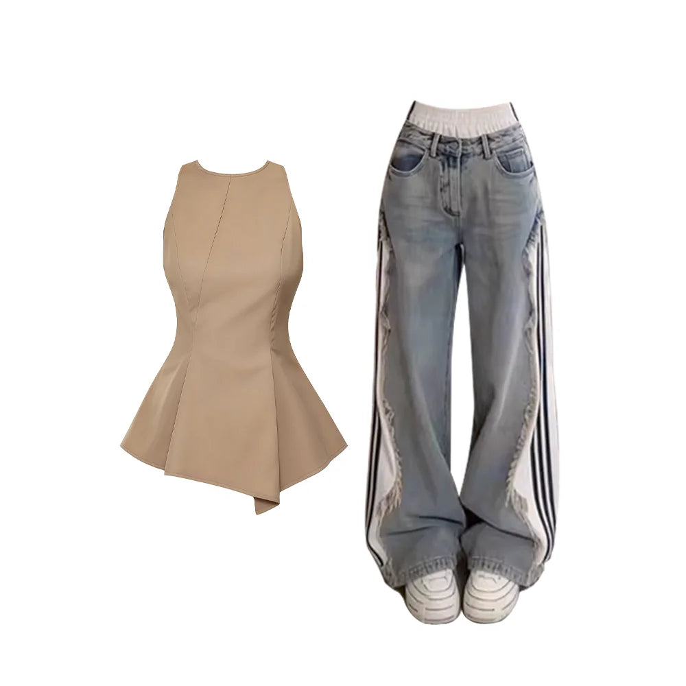 Parkyeon Women's Sleeveless Vest Top Summer Casual Wear with Jeans Set Waist-Cinching Design Comfortable Loose Fit Fashionable