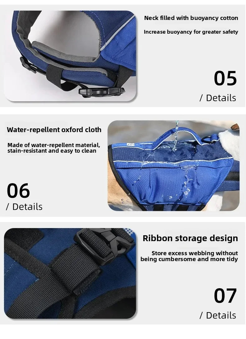Dog Life Jacket with Airbag & Reflective Strips, Adjustable Dog Vest for Swimming Safety, Oxford Cloth, S/M/L, Red/Army/Blue
