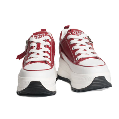 Fujin 7cm Genuine Leather Women Platform Shoes Wedge Sneakers Lace Up