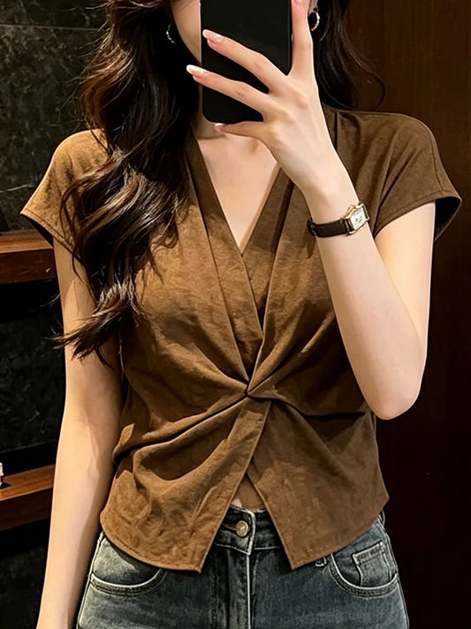 Large Size Coffee Brown Retro Cross Knot V Neck Shirt Women's Summer New Irregular Design Sense Top Loose Fit