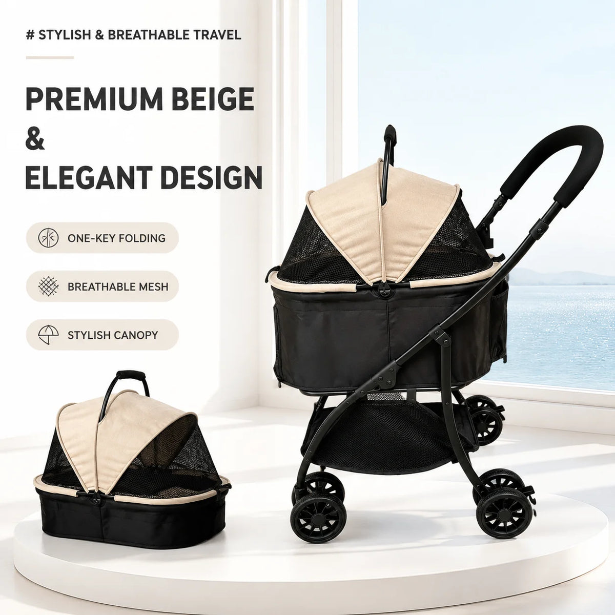 Pet Stroller 2-in-1 Detachable with Removable Lightweight Carrier Basket One-Click Fold 4-Wheel Dog Cat Trolley Breathable Mesh Windows Large Storage Space for Small Medium Pets
