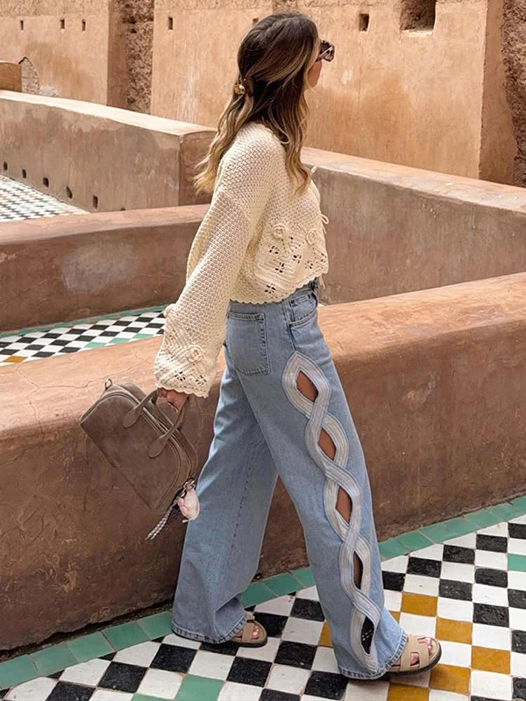 Y2k Vintage Women Jeans Hollow Out Solid Wide Leg Denim Pant Fashion All-match Lady Streetwear Summer Office Commute 2026