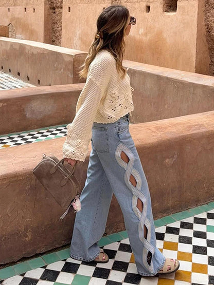 Y2k Vintage Women Jeans Hollow Out Solid Wide Leg Denim Pant Fashion All-match Lady Streetwear Summer Office Commute 2026