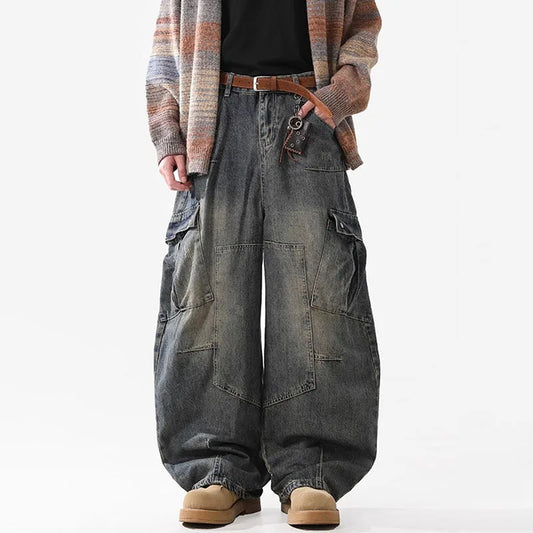 Retro Multi Pocket Curved Knife Jeans Autumn And Winter Vintage Wide Leg Workwear Pants Korean Version High Street Men'S Jeans