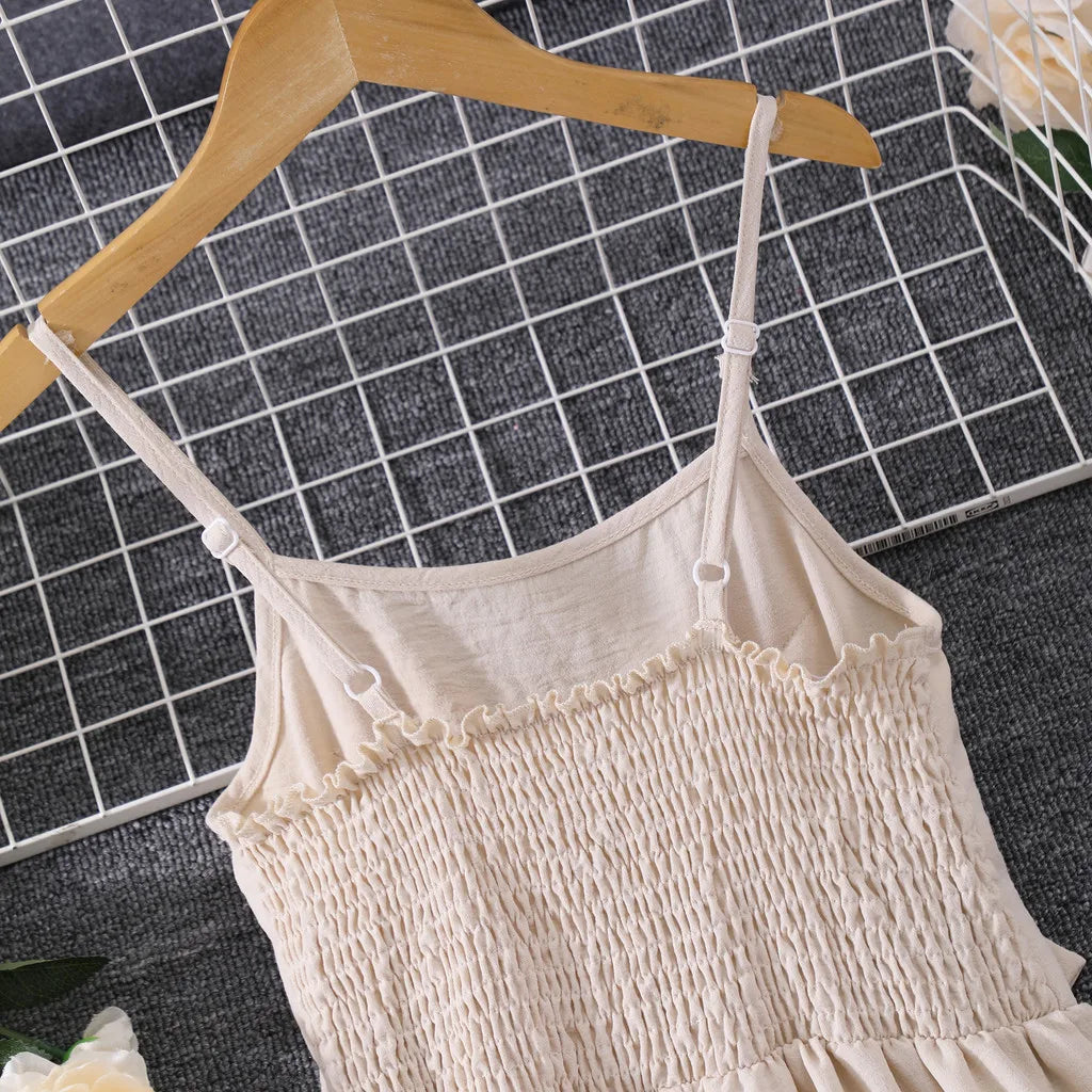 2025 Kids Girl Apricot Jumpsuit Children Romper Summer Sling Solid Casual Vacation Cute Teen Girl Clothing Set 7 8 9 10 11 Yrs