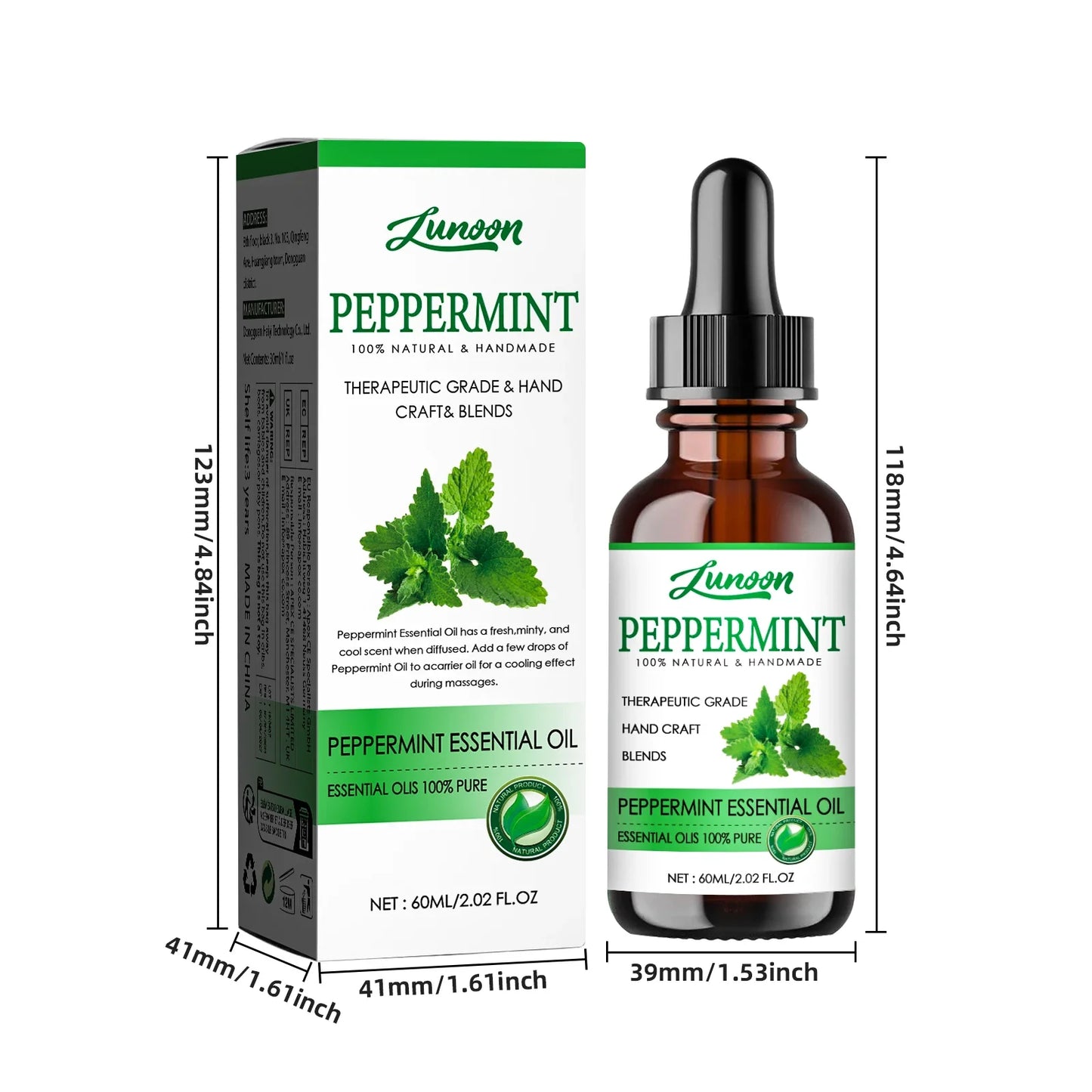 60ml Peppermint Body Essential Oil for Massage & Aromatherapy, Handmade, Cool & Fresh Body Oil