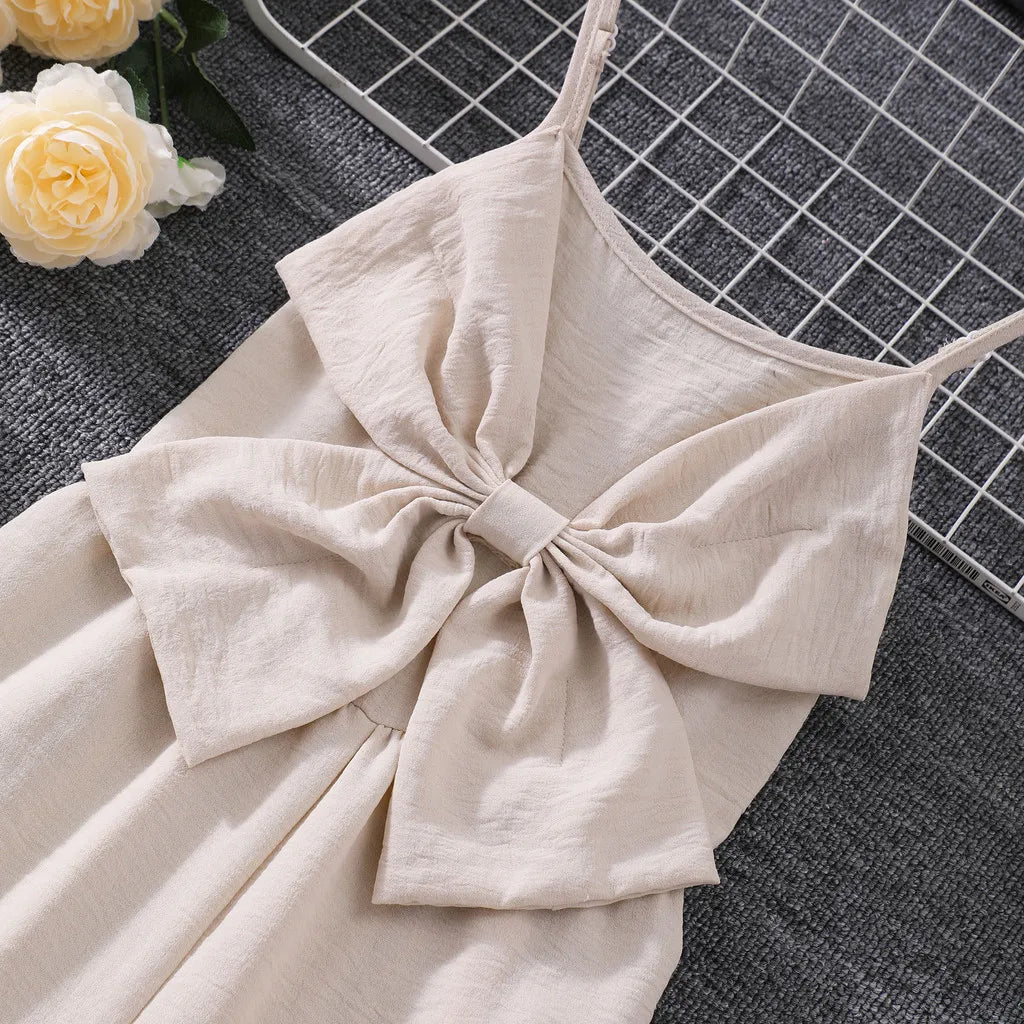 2025 Kids Girl Apricot Jumpsuit Children Romper Summer Sling Solid Casual Vacation Cute Teen Girl Clothing Set 7 8 9 10 11 Yrs
