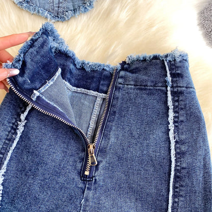 Two Pieces Women Pant Set Denim Matching Set Solid Camisole Sleeveless Top Zipper Fly Empire Waist Full Length Pants 2026 Summer