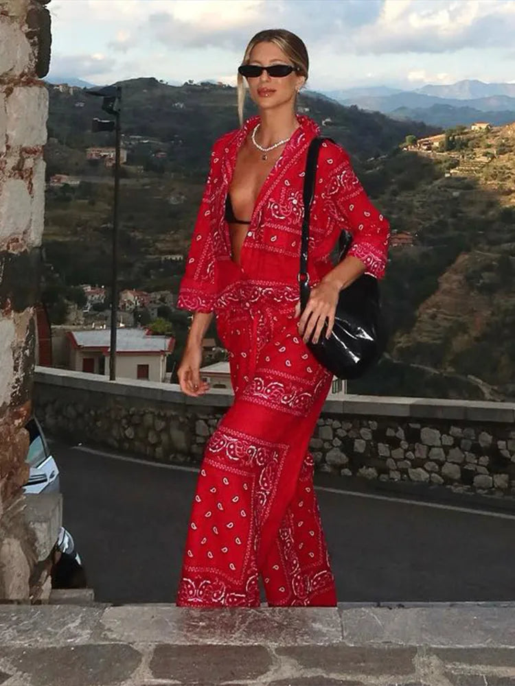 Women's Bandana Print Two Piece Set Boho Long Sleeve Shirt & Wide Leg Pants Matching Outfits for Beach Vacation Streetwear 2026