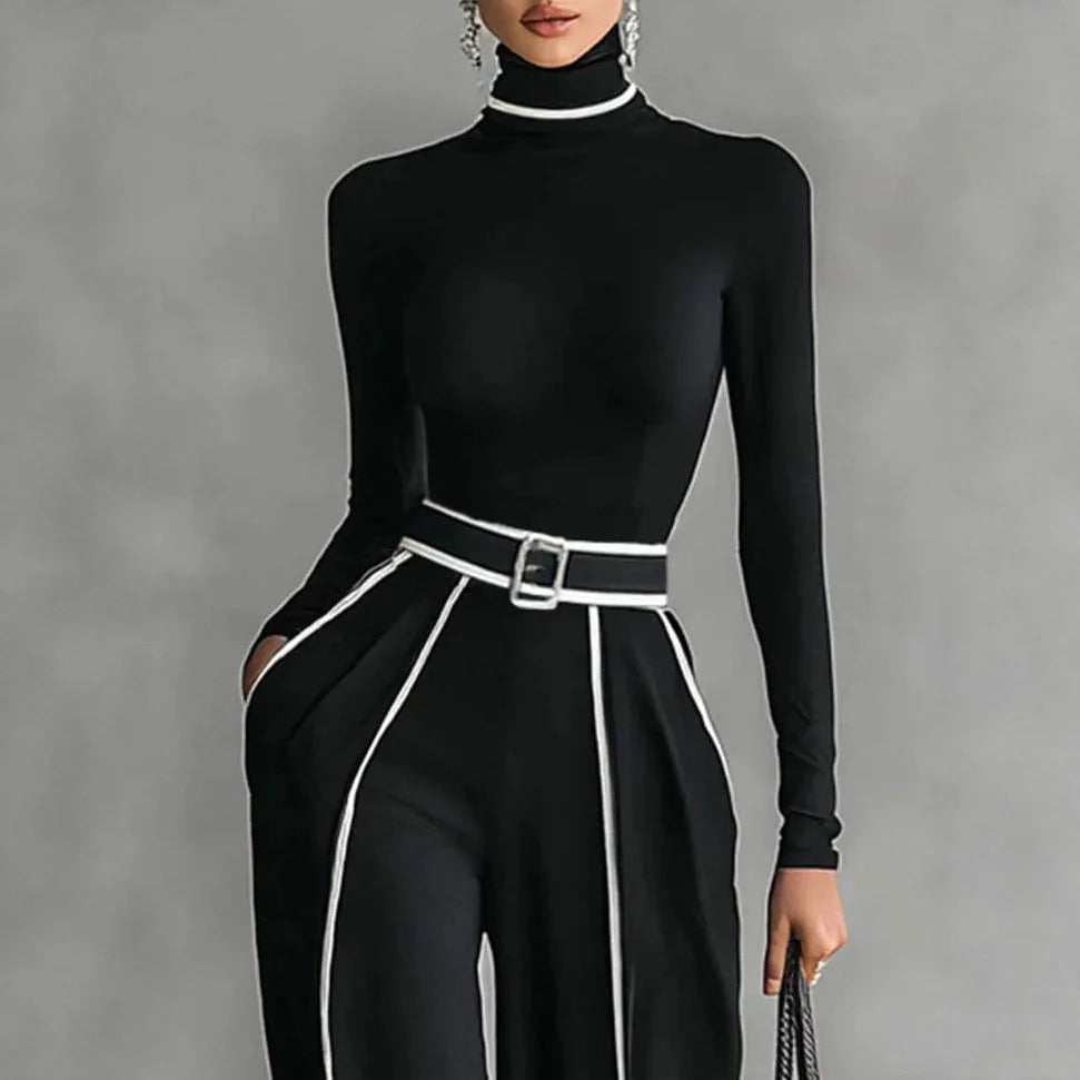 Striped Print Patchwork Woman Overalls Elegant High Neck Slim Top Pullover & Wide Leg Trousers Suit Winter Outfit Suit