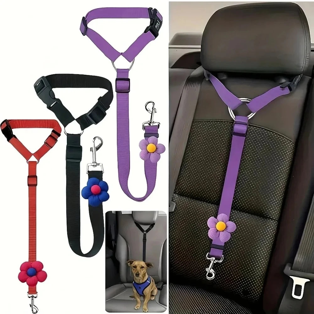 Pet Car Seat Adjustable (40-70cm)Belt Dog Cat Safety Harness Leash with Flower Decor for Dogs Travel Collar Pet Accessories