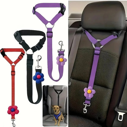 Pet Car Seat Adjustable (40-70cm)Belt Dog Cat Safety Harness Leash with Flower Decor for Dogs Travel Collar Pet Accessories