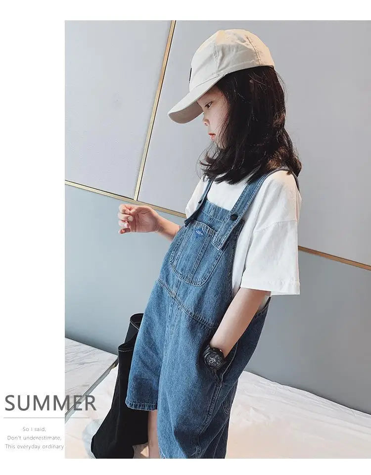 Girls' Fashionable Denim Overalls Medium Big Children's Casual Loose Denim Shorts Korean Style Baby Girl's Denim Overalls Shorts
