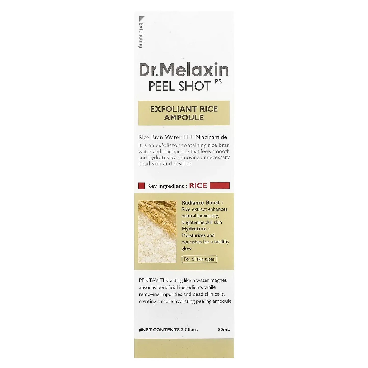 Dr. Melaxin Peel Shot Glow White Rice Peeling Ampoule with Rice Extract & AHA BHA, Brightening & Gentle Exfoliating Serum for Sebum Control,