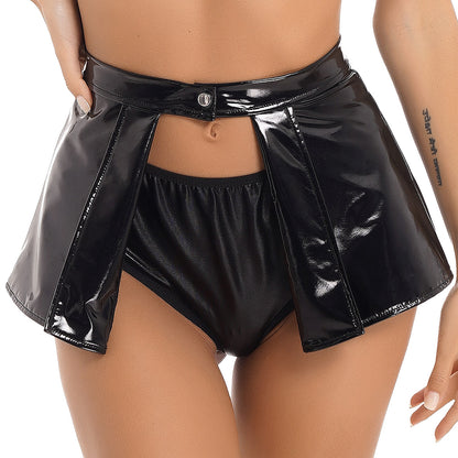 Womens Patent Leather Mini Skirt Female Wet Look Clubwear Rave Custom for Pole Dancing Open Front One Button Bodycon Skirts