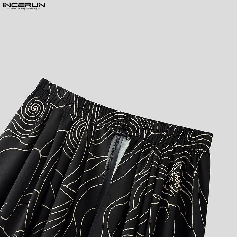 INCERUN Men Irregular Skirts Printing Elastic Waist Joggers Casual Wide Leg Trousers Men Streetwear Baggy 2026 Fashion Male Bott