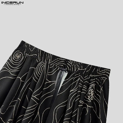 INCERUN Men Irregular Skirts Printing Elastic Waist Joggers Casual Wide Leg Trousers Men Streetwear Baggy 2026 Fashion Male Bott